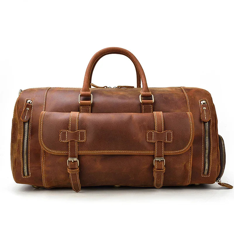 Handmade full grain leather duffle bag in dark brown with shoe compartment and front pockets