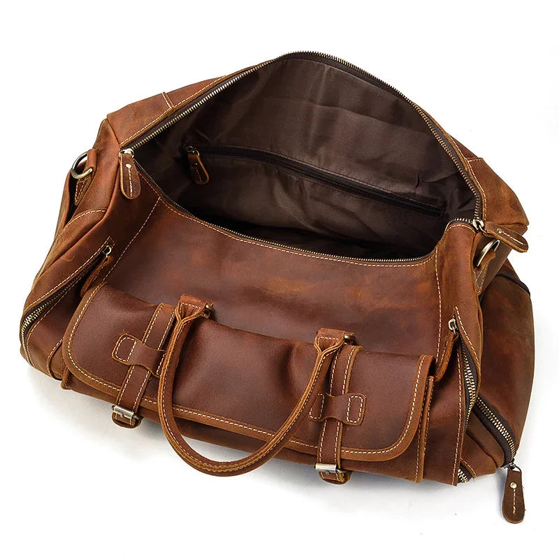 Handmade full grain leather duffle bag with shoe compartment, large brown travel bag