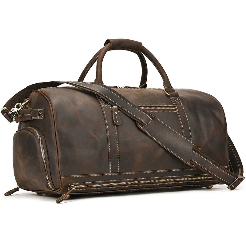Handmade full grain dark brown leather duffle bag with shoe compartment and shoulder strap