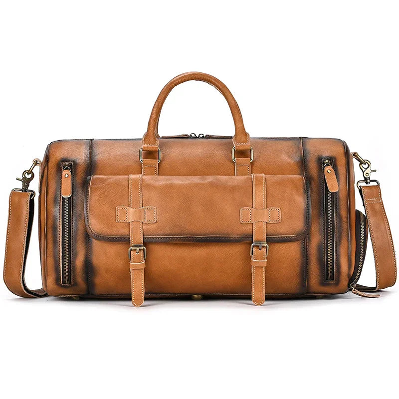 Handmade full grain leather duffle bag with shoe compartment, large dark brown travel bag