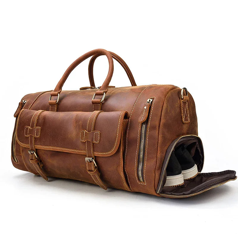 Handmade full grain leather duffle bag with shoe compartment in dark brown
