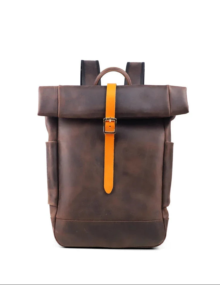 Handmade Full Grain Leather Roll-Top Backpack, Men’s Large Travel Bag & 14" Laptop Rucksack