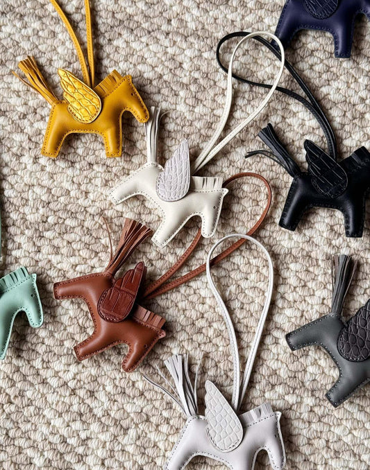 Handmade Genuine Sheepskin Horse Keychain, Crocodile Pattern Winged Angel Pegasus Charm, Luxury Keychain & Bag Pendant
