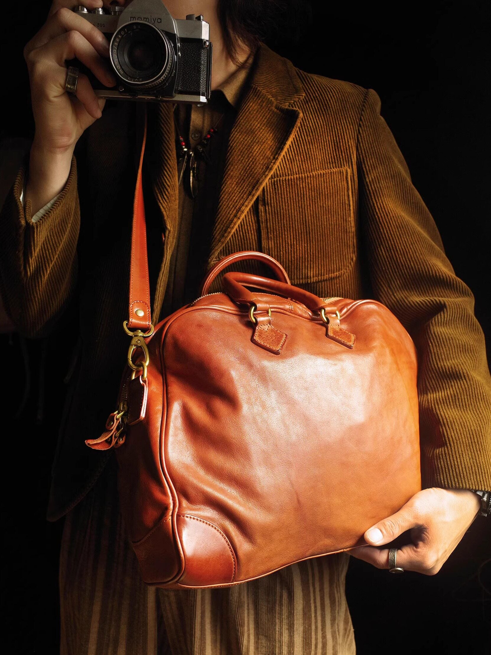 Handmade Italian Full-Grain Leather Vintage Duffle Bag – Solid Brass Hardware | Weekend Travel Bag with Detachable Shoulder Strap