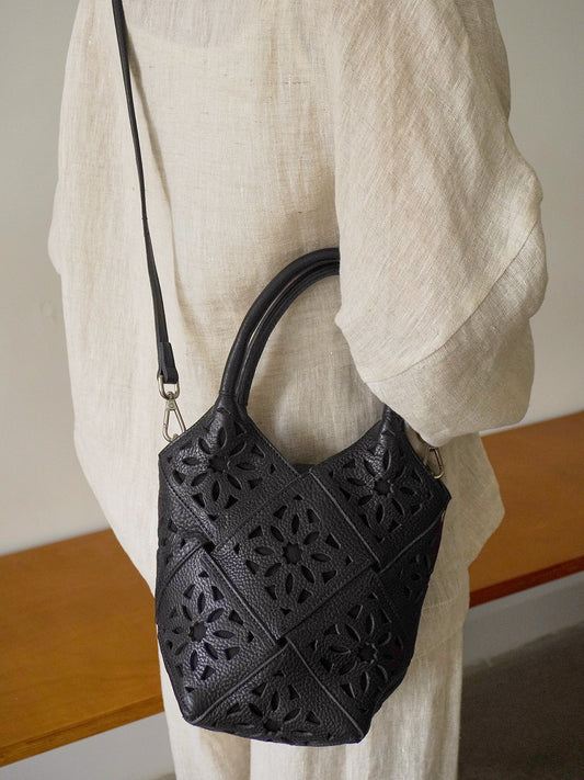Handmade Leather Crossbody Bucket Bag, Full Grain Cowhide Floral Cut-Out Designer Bucket Bags For Women