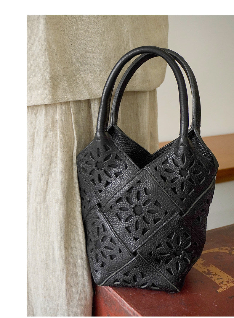 Handmade Leather Crossbody Bucket Bag, Full Grain Cowhide Floral Cut-Out Designer Bucket Bags For Women