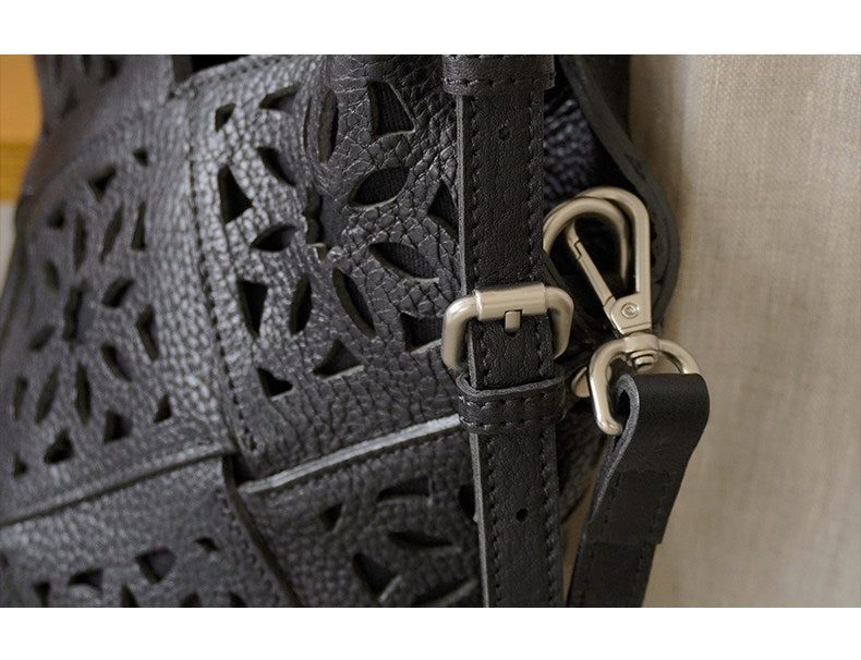 Handmade Leather Crossbody Bucket Bag, Full Grain Cowhide Floral Cut-Out Designer Bucket Bags For Women