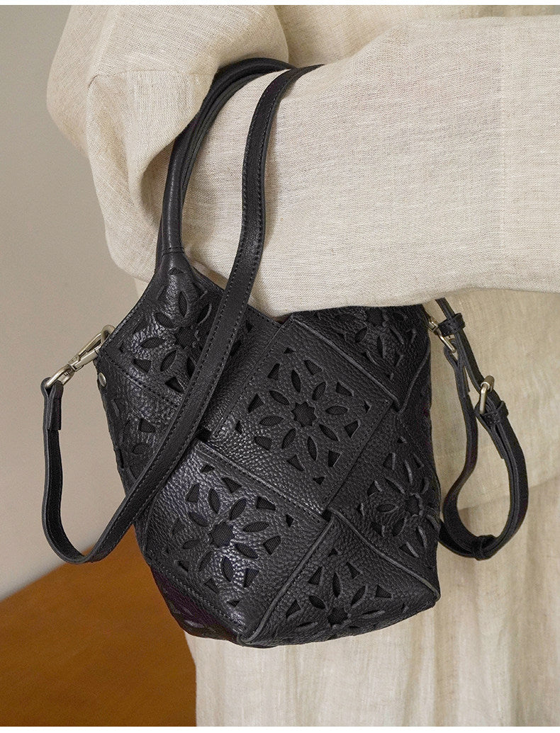 Handmade Leather Crossbody Bucket Bag, Full Grain Cowhide Floral Cut-Out Designer Bucket Bags For Women