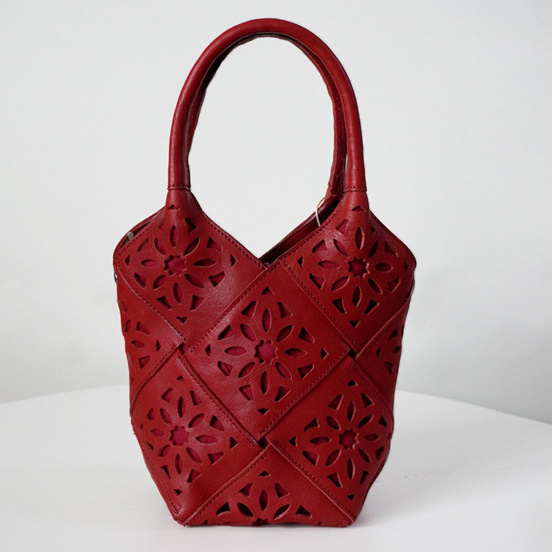 Handmade Leather Crossbody Bucket Bag, Full Grain Cowhide Floral Cut-Out Designer Bucket Bags For Women