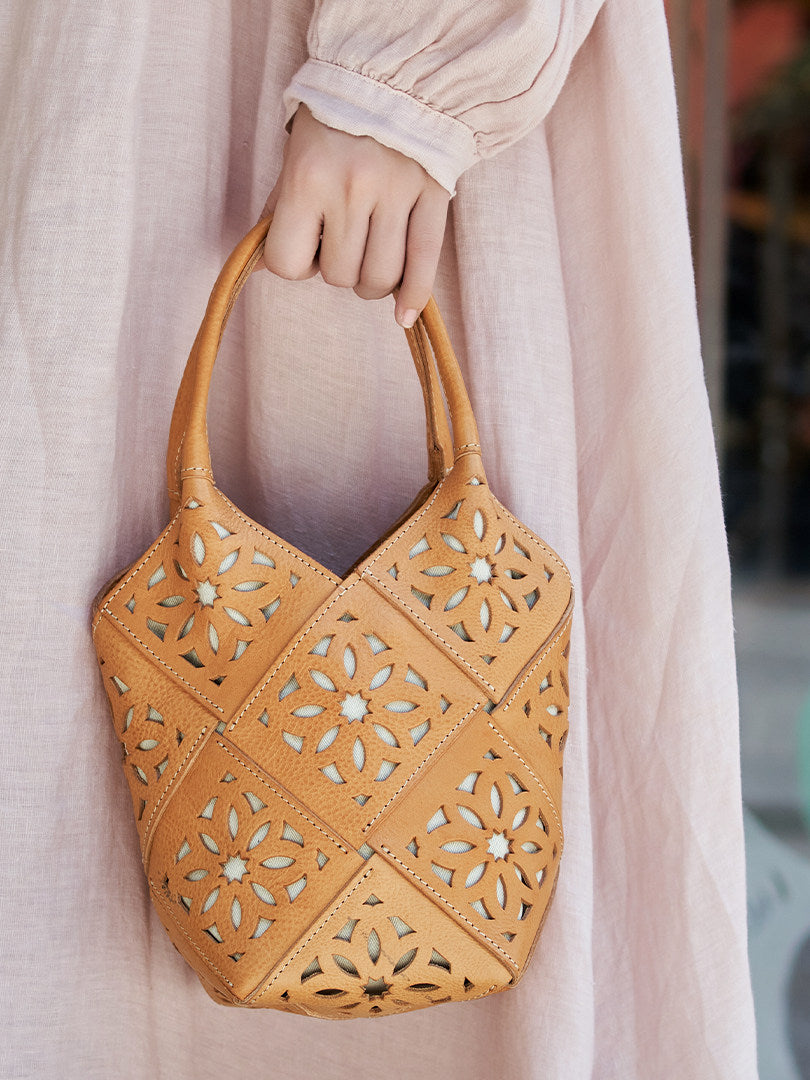 Handmade Leather Crossbody Bucket Bag, Full Grain Cowhide Floral Cut-Out Designer Bucket Bags For Women