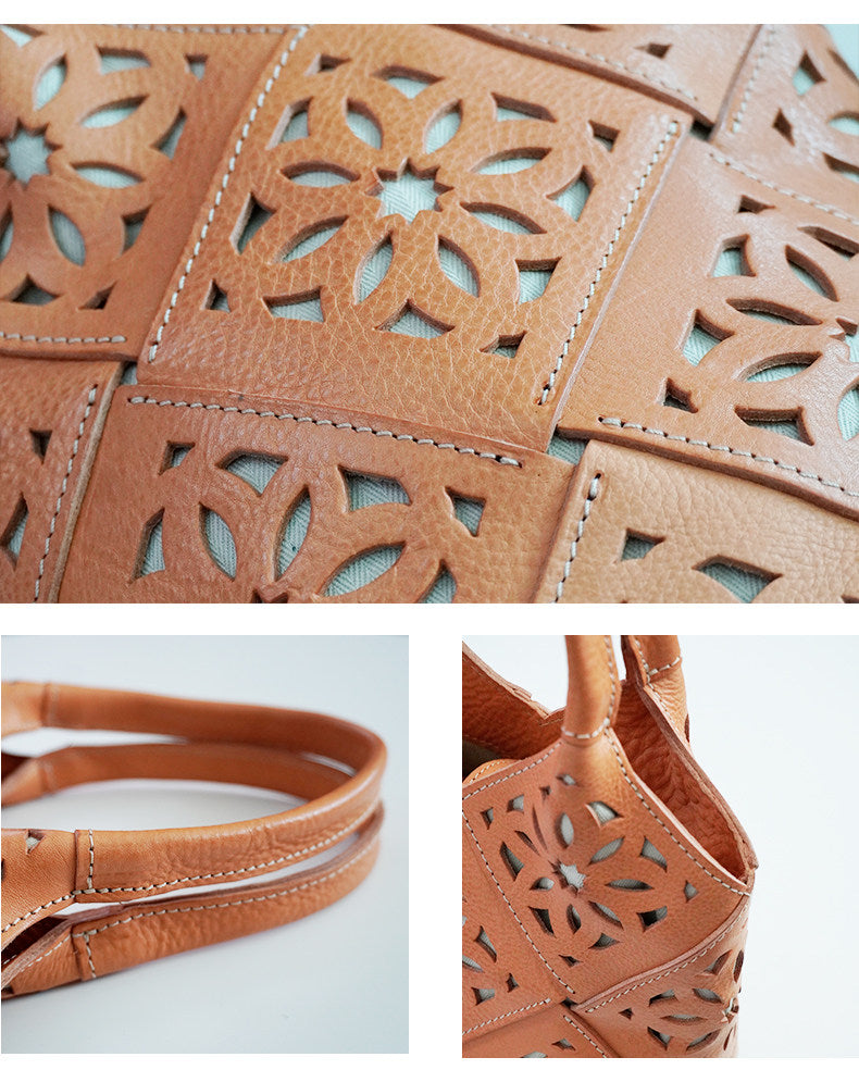 Handmade Leather Crossbody Bucket Bag, Full Grain Cowhide Floral Cut-Out Designer Bucket Bags For Women