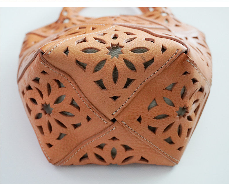 Handmade Leather Crossbody Bucket Bag, Full Grain Cowhide Floral Cut-Out Designer Bucket Bags For Women