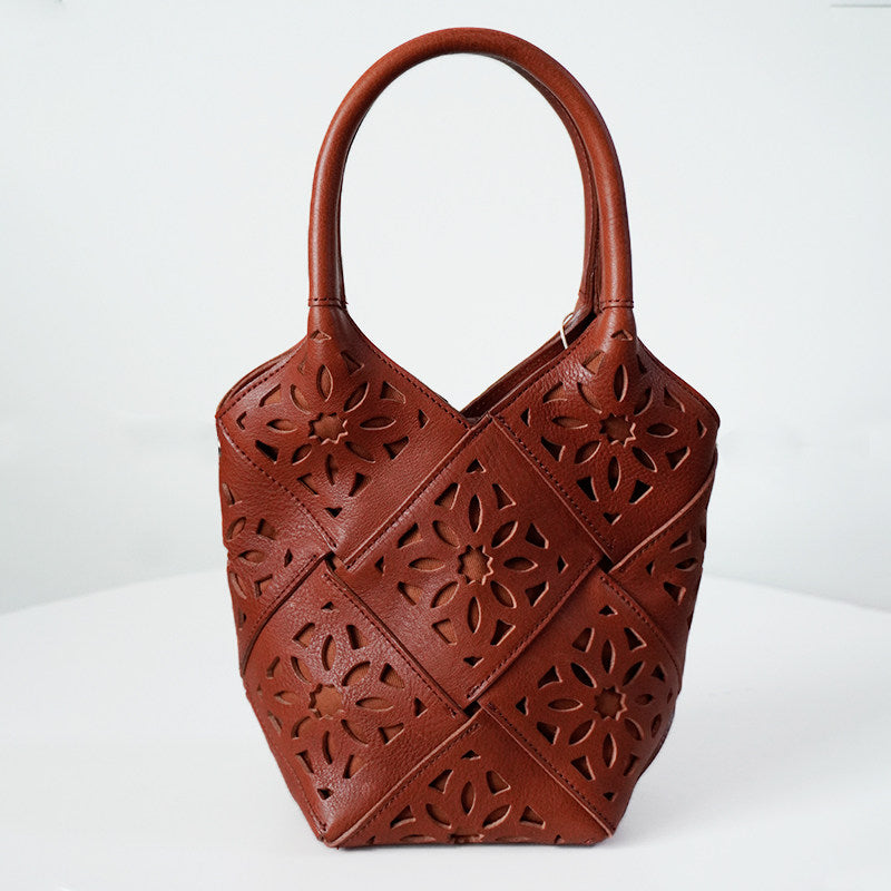 Handmade Leather Crossbody Bucket Bag, Full Grain Cowhide Floral Cut-Out Designer Bucket Bags For Women