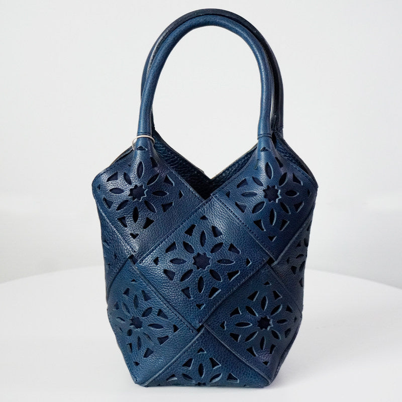 Handmade Leather Crossbody Bucket Bag, Full Grain Cowhide Floral Cut-Out Designer Bucket Bags For Women