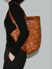 Handmade Soft Vegan Leather Woven Tote Bag for Women, Large Minimalist Commuter Shoulder Bag with Inner Pouch