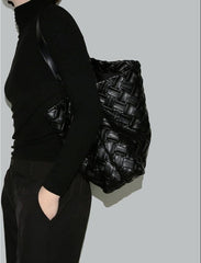 Handmade Soft Vegan Leather Woven Tote Bag for Women, Large Minimalist Commuter Shoulder Bag with Inner Pouch