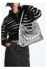 Handmade Soft Vegan Leather Woven Tote Bag for Women, Large Minimalist Commuter Shoulder Bag with Inner Pouch