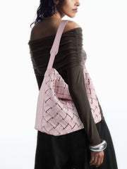 Handmade Soft Vegan Leather Woven Tote Bag for Women, Large Minimalist Commuter Shoulder Bag with Inner Pouch