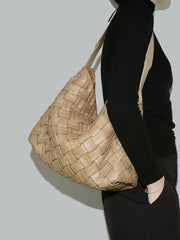 Handmade Soft Vegan Leather Woven Tote Bag for Women, Large Minimalist Commuter Shoulder Bag with Inner Pouch
