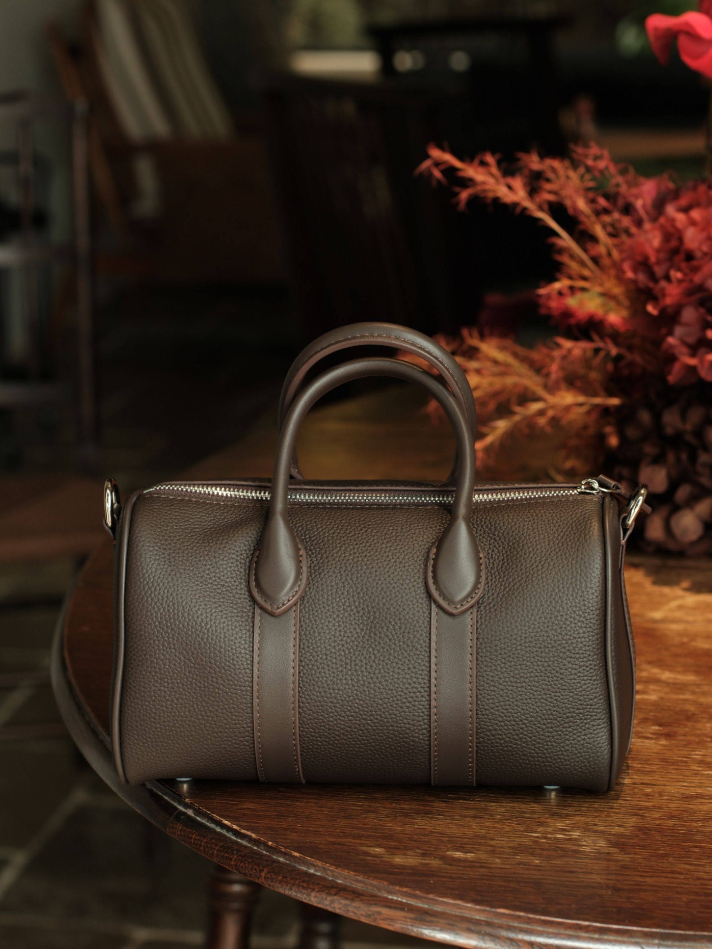 Handmade Top Grain Leather Bag, Luxury Boston Satchel & Crossbody Bag for Traveling, Best Everyday Carry Bag for Women Ebony