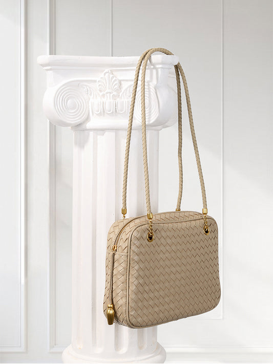 Handmade Woven Lambskin Leather Shoulder Bag, Luxury Box Purse, Vintage Bowling Style Women’s Commuter Handbag