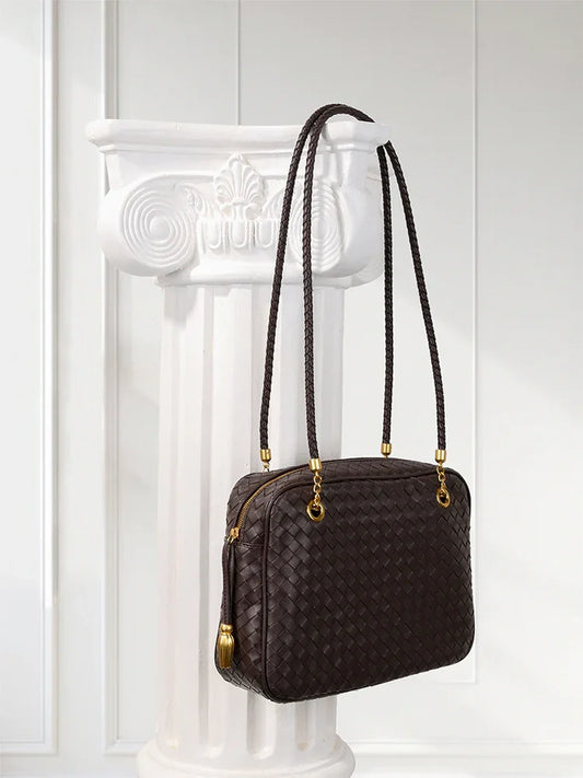 Handmade Woven Lambskin Leather Shoulder Bag, Luxury Box Purse, Vintage Bowling Style Women’s Commuter Handbag