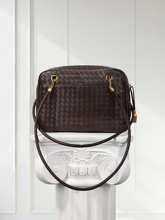 Handmade Woven Lambskin Leather Shoulder Bag, Luxury Box Purse, Vintage Bowling Style Women’s Commuter Handbag