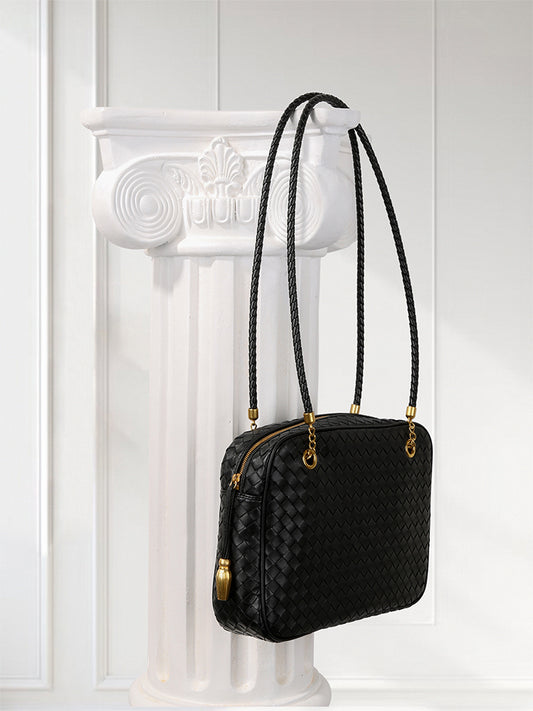 Handmade Woven Lambskin Leather Shoulder Bag, Luxury Box Purse, Vintage Bowling Style Women’s Commuter Handbag