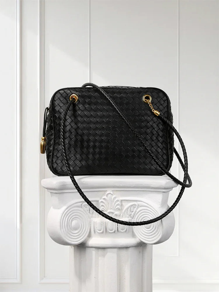 Handmade Woven Lambskin Leather Shoulder Bag, Luxury Box Purse, Vintage Bowling Style Women’s Commuter Handbag