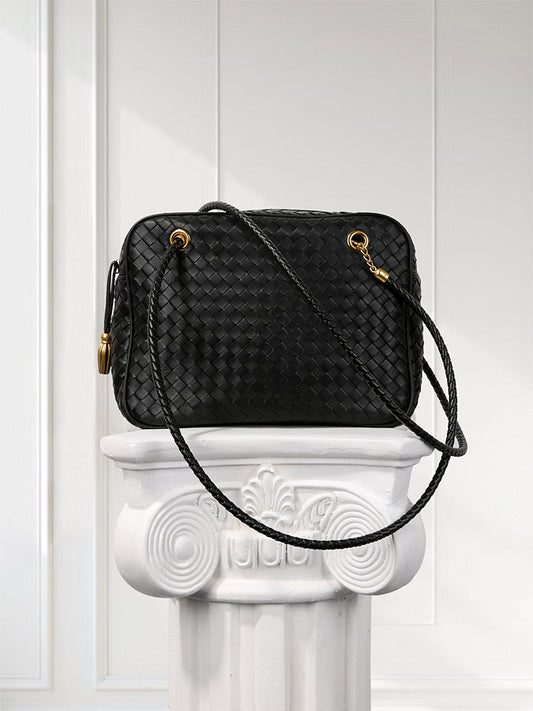 Handmade Woven Lambskin Leather Shoulder Bag, Luxury Box Purse, Vintage Bowling Style Women’s Commuter Handbag