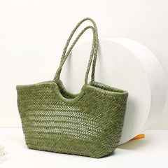 Handmade Woven Leather Tote Bag, Full Grain Leather Hand Woven Triple Jump Bamboo Ladies HoBo Bag, Curve Opening Summer Holiday Basket Bag