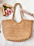 Handmade Woven Leather Tote Bag, Full Grain Leather Hand Woven Triple Jump Bamboo Ladies HoBo Bag, Curve Opening Summer Holiday Basket Bag