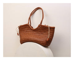 Handmade Woven Leather Tote Bag, Full Grain Leather Hand Woven Triple Jump Bamboo Ladies HoBo Bag, Curve Opening Summer Holiday Basket Bag