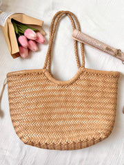 Handmade Woven Leather Tote Bag, Full Grain Leather Hand Woven Triple Jump Bamboo Ladies HoBo Bag, Curve Opening Summer Holiday Basket Bag