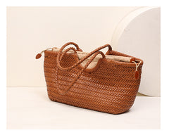 Handmade Woven Leather Tote Bag, Full Grain Leather Hand Woven Triple Jump Bamboo Ladies HoBo Bag, Curve Opening Summer Holiday Basket Bag