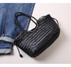 Handmade Woven Leather Tote Bag, Full Grain Leather Hand Woven Triple Jump Bamboo Ladies HoBo Bag, Curve Opening Summer Holiday Basket Bag