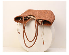 Handmade Woven Leather Tote Bag, Full Grain Leather Hand Woven Triple Jump Bamboo Ladies HoBo Bag, Curve Opening Summer Holiday Basket Bag