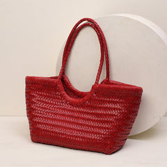 Handmade Woven Leather Tote Bag, Full Grain Leather Hand Woven Triple Jump Bamboo Ladies HoBo Bag, Curve Opening Summer Holiday Basket Bag