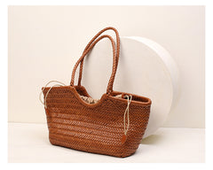 Handmade Woven Leather Tote Bag, Full Grain Leather Hand Woven Triple Jump Bamboo Ladies HoBo Bag, Curve Opening Summer Holiday Basket Bag