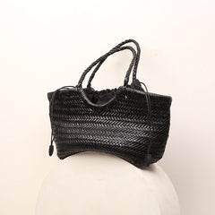 Handmade Woven Leather Tote Bag, Full Grain Leather Hand Woven Triple Jump Bamboo Ladies HoBo Bag, Curve Opening Summer Holiday Basket Bag