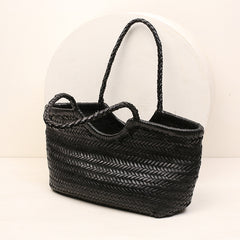 Handmade Woven Leather Tote Bag, Full Grain Leather Hand Woven Triple Jump Bamboo Ladies HoBo Bag, Curve Opening Summer Holiday Basket Bag