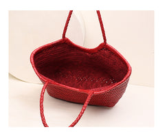 Handmade Woven Leather Tote Bag, Full Grain Leather Hand Woven Triple Jump Bamboo Ladies HoBo Bag, Curve Opening Summer Holiday Basket Bag