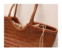 Handmade Woven Leather Tote Bag, Full Grain Leather Hand Woven Triple Jump Bamboo Ladies HoBo Bag, Curve Opening Summer Holiday Basket Bag