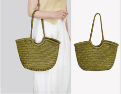 Handmade Woven Leather Tote Bag, Full Grain Leather Hand Woven Triple Jump Bamboo Ladies HoBo Bag, Curve Opening Summer Holiday Basket Bag
