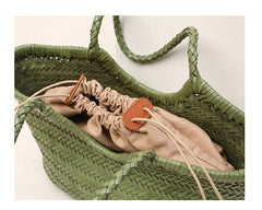 Handmade Woven Leather Tote Bag, Full Grain Leather Hand Woven Triple Jump Bamboo Ladies HoBo Bag, Curve Opening Summer Holiday Basket Bag