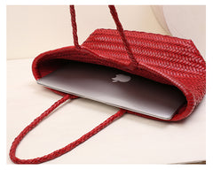 Handmade Woven Leather Tote Bag, Full Grain Leather Hand Woven Triple Jump Bamboo Ladies HoBo Bag, Curve Opening Summer Holiday Basket Bag