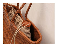 Handmade Woven Leather Tote Bag, Full Grain Leather Hand Woven Triple Jump Bamboo Ladies HoBo Bag, Curve Opening Summer Holiday Basket Bag
