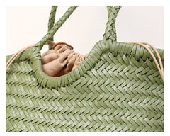 Handmade Woven Leather Tote Bag, Full Grain Leather Hand Woven Triple Jump Bamboo Ladies HoBo Bag, Curve Opening Summer Holiday Basket Bag