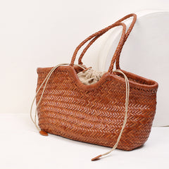 Handmade Woven Leather Tote Bag, Full Grain Leather Hand Woven Triple Jump Bamboo Ladies HoBo Bag, Curve Opening Summer Holiday Basket Bag