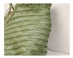Handmade Woven Leather Tote Bag, Full Grain Leather Hand Woven Triple Jump Bamboo Ladies HoBo Bag, Curve Opening Summer Holiday Basket Bag